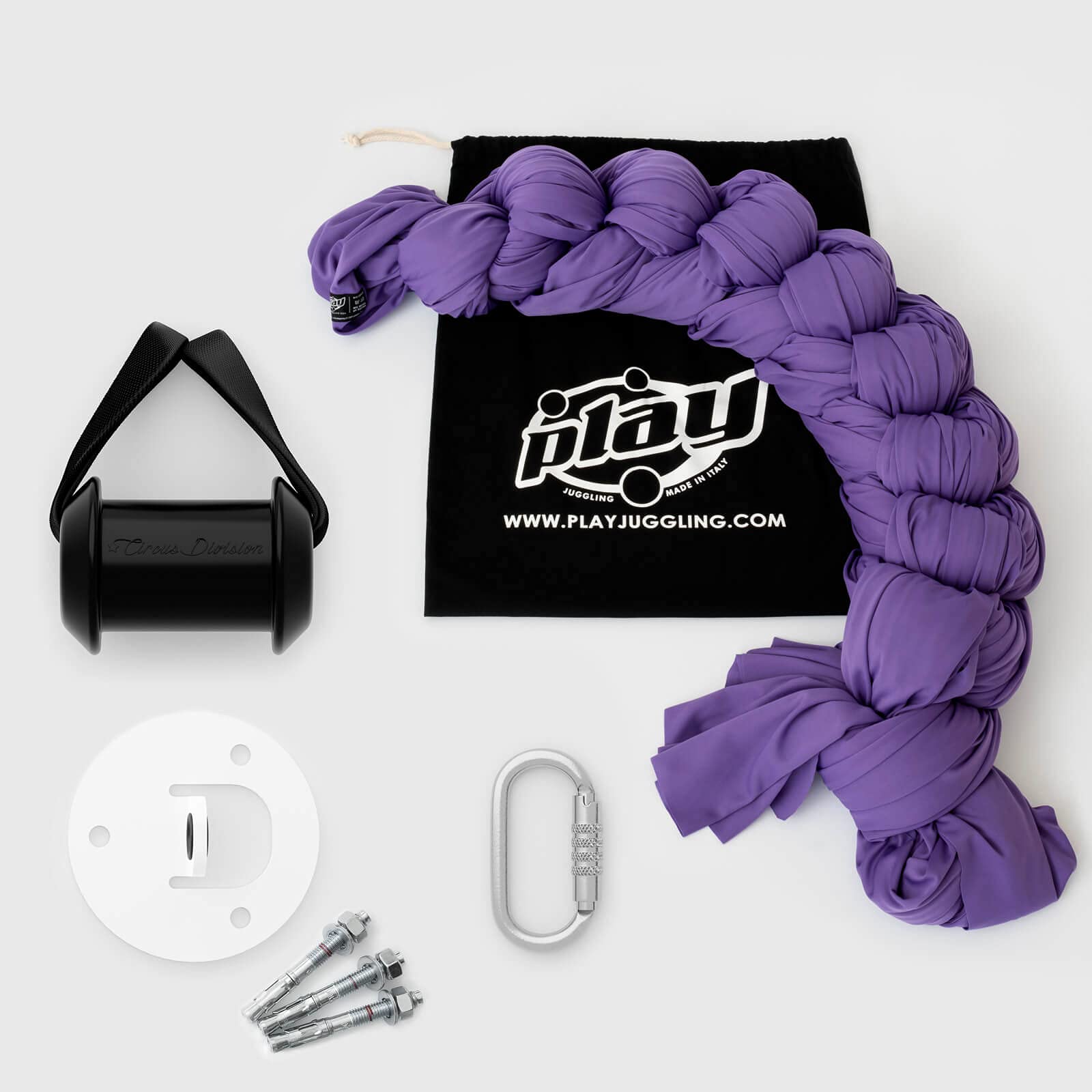 Play Juggling - Set de Tejidos aéreos certificados - Kit Placa de Techo + Tejido aéreo con Gancho + Mosquetón Automático de Seguridad para Acrobacias aéreas, poliéster - Certificado
