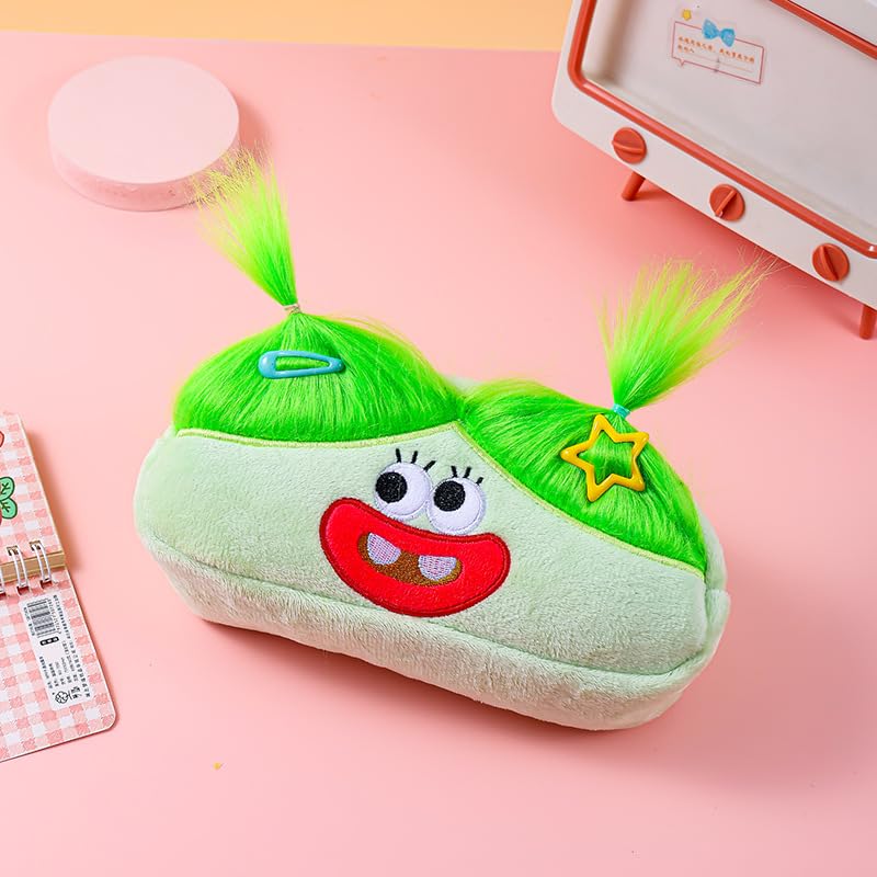 Image of XZR Cute DIY Pen Bag Case Box Stocking Stuffers Cute Creative Long Hair Doll Colorful Cartoon Large Capacity Zipper Organizer Storage Bag Box Nice Gift (Green)