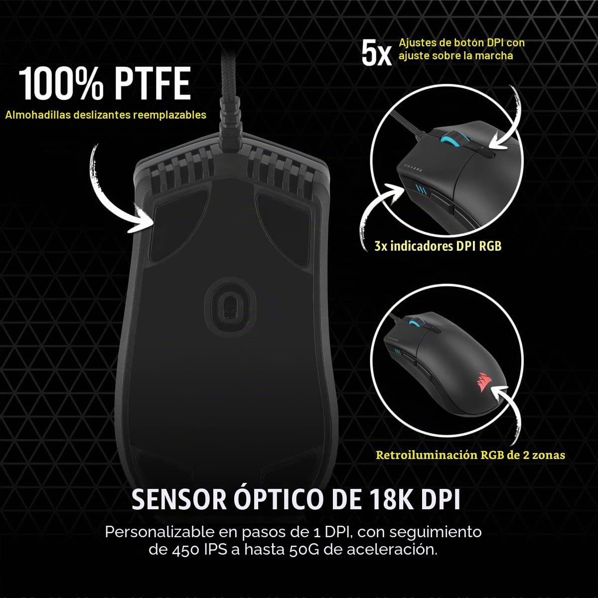 Corsair SABRE RGB PRO CHAMPION SERIES Ratón para Juegos, Forma Ergonómica para eSports, Peso ligero de 74 g, Cable Flexible Paracord, Botones CORSAIR QUICKSTRIKE con Clic Inmediato, Negro