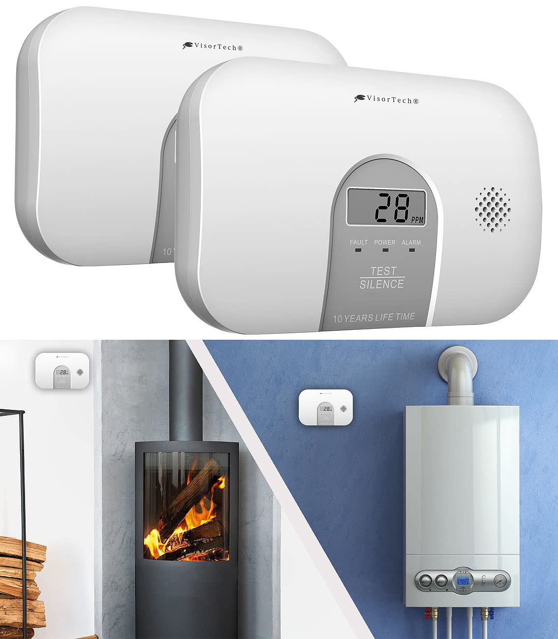 2 détecteurs de monoxyde de carbone COM-250 avec écran LCD DIN EN 50291-1 [VisorTech]