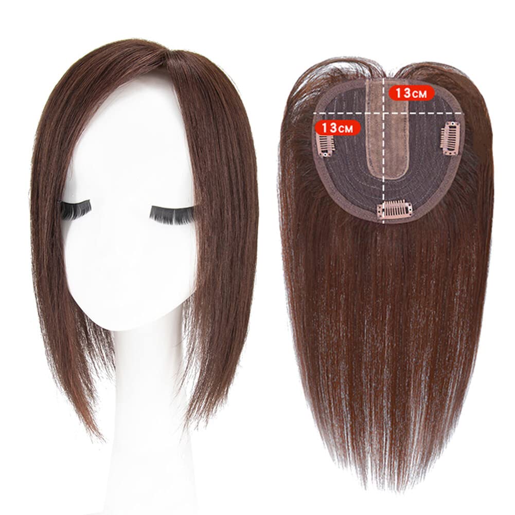 Straight Silk Base Human Hair Topper One Piece Side Part Forehead Closure With Clips (30cm/Left Part Dark Brown)