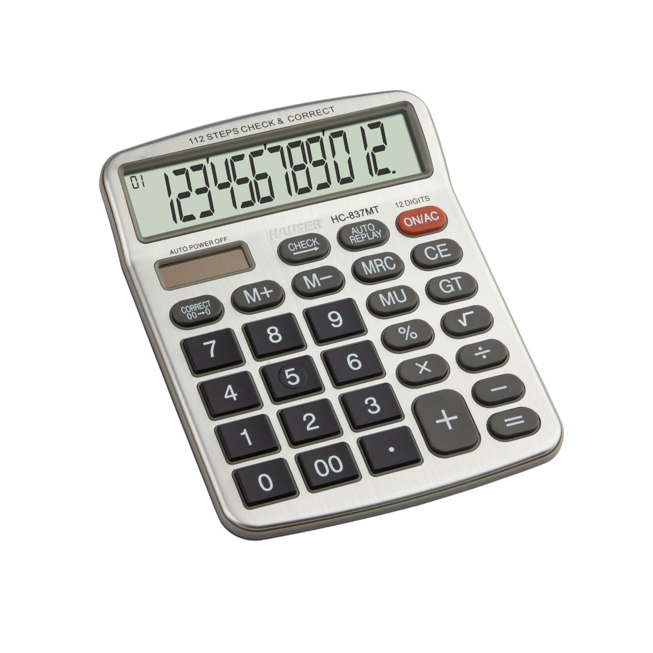 Hauser HC-837MT - Calcolatrice elettronica, serie desktop, calcolatrice a 12 cifre, funzione radice quadrata, grande display e riproduzione automatica, doppia alimentazione con energia solare