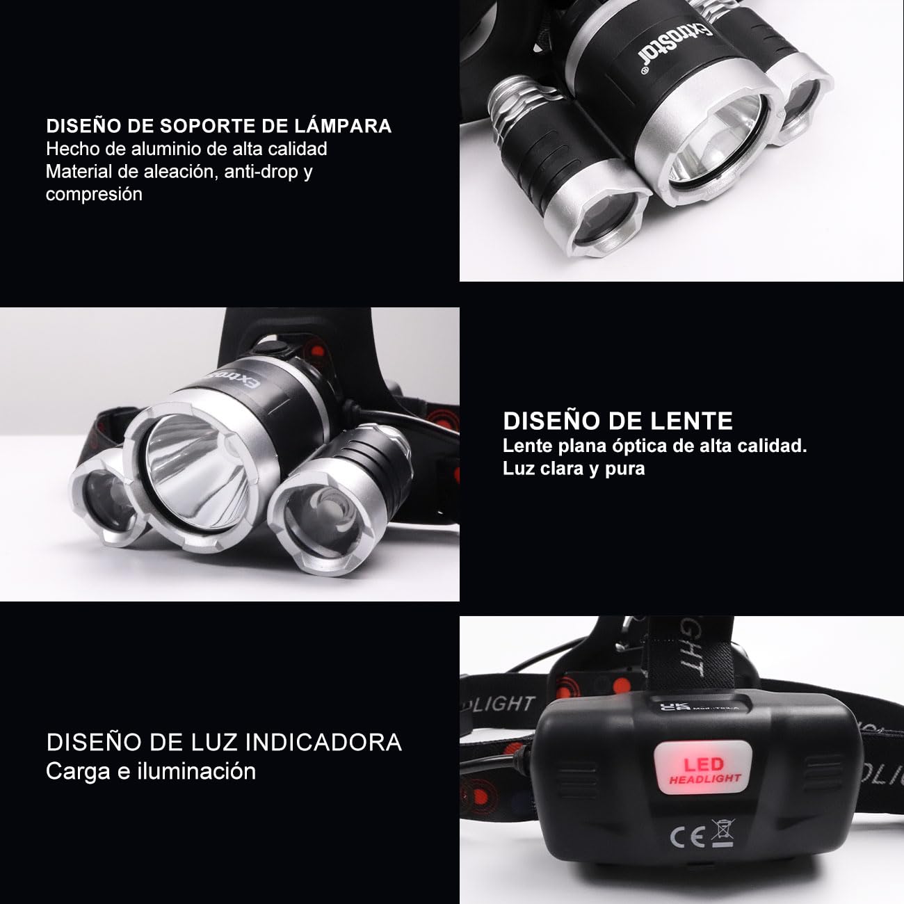 EXTRASTAR Linterna Frontal Recargable, Superbrillante 4 Modos Cabeza - IP45 Impermeable Linterna, faro giratorio de 90 para Camping Correr Pesca Ciclismo