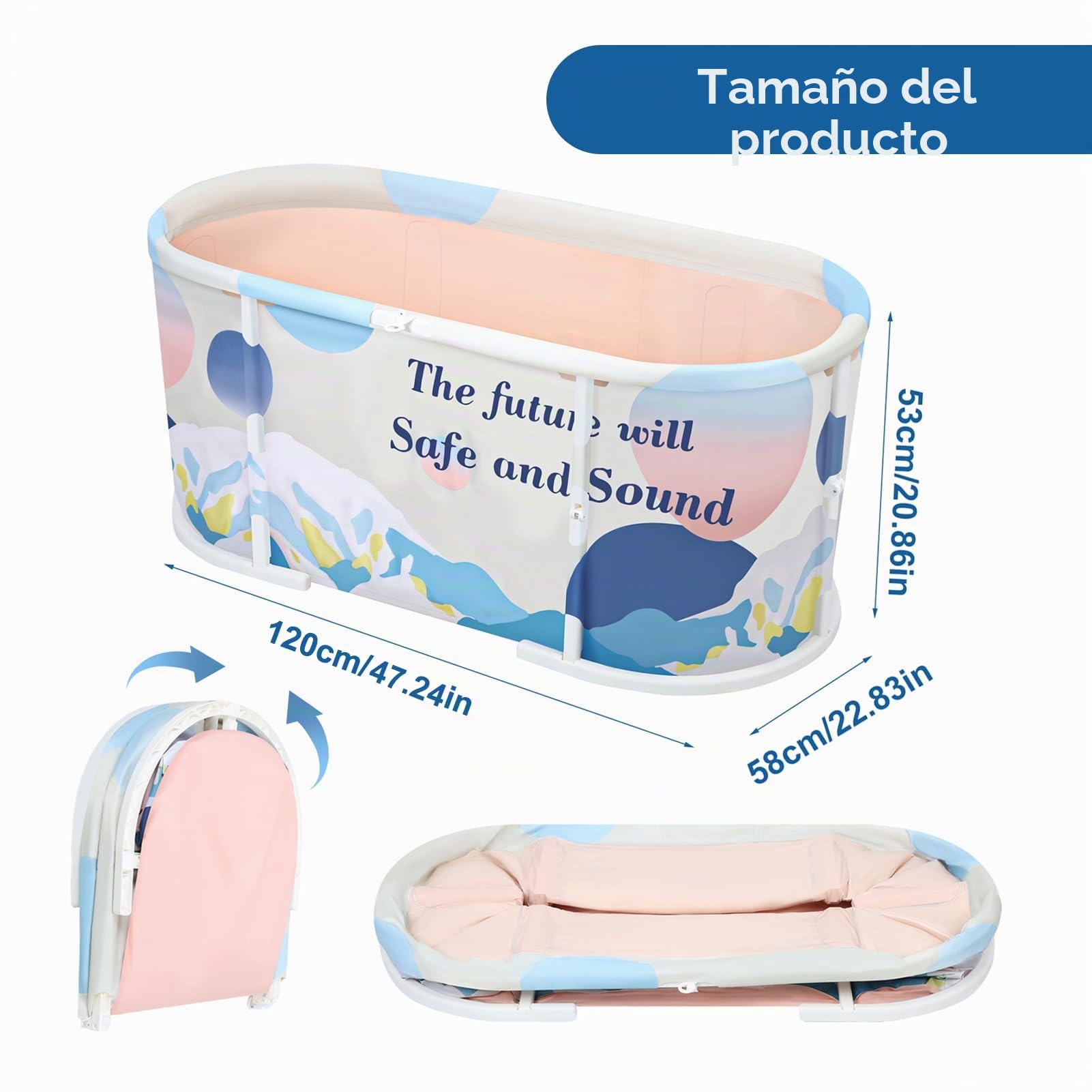 Bañera plegable para adultos de 120 cm, bañera independiente con marco de plástico y doble desagüe, para baño en casa, baño pequeño, ducha, interior exterior (azul claro)