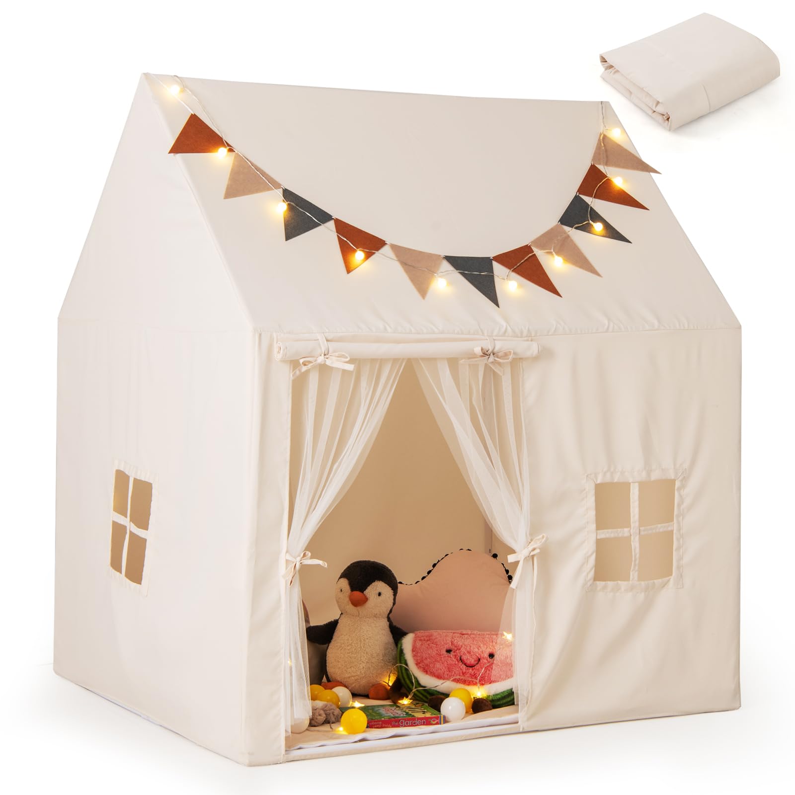 GOPLUS Spielhaus Kinder Indoor, Kinderzelt für Drinnen mit rutschfeste Matte, Lichterkette, Fahnen, 3 Fenstern & Mesh-Vorhängen, kinderspielzelt für Mädchen & Jungen ab 3 Jahren (Beige)
