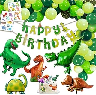 Dinosaur Birthday Decoration Party, 1 Happy Birthday Banner, 2 Giant Dinos Balloons, 3 XXL Dino Balloons, 2 Dinosaurs Tattoos, 6 Cake Toppers, 30 Green Varied Balloons. Deco Ideas for Boys.