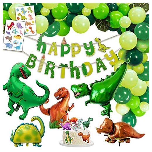 Dinosaurien Födelsedags Dekoration Fest, 1 Happy Birthday-baner, 2 Jättelika Dinoballonger, 3 XXL-Dinoballonger, 2 Tatueringar, 6 Tårtstoppare, 30 Ballonger. Dekorationsidéer för Pojkar