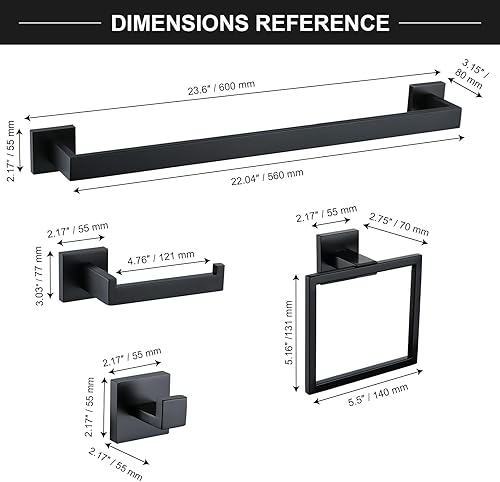 Miniatura 6 de TQKAG Juego de toallas de baño de 6 piezas, color negro mate de 23.6 pulgadas, toallero de acero inoxidable, gancho para abrigo y soporte para papel