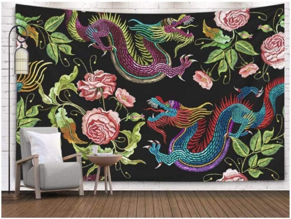 QIAO Tapestry Kits Christmas Printing Wall Hanging Tapestries Living Room Bedroom Chinese Dragons Flowers Peonies Pattern