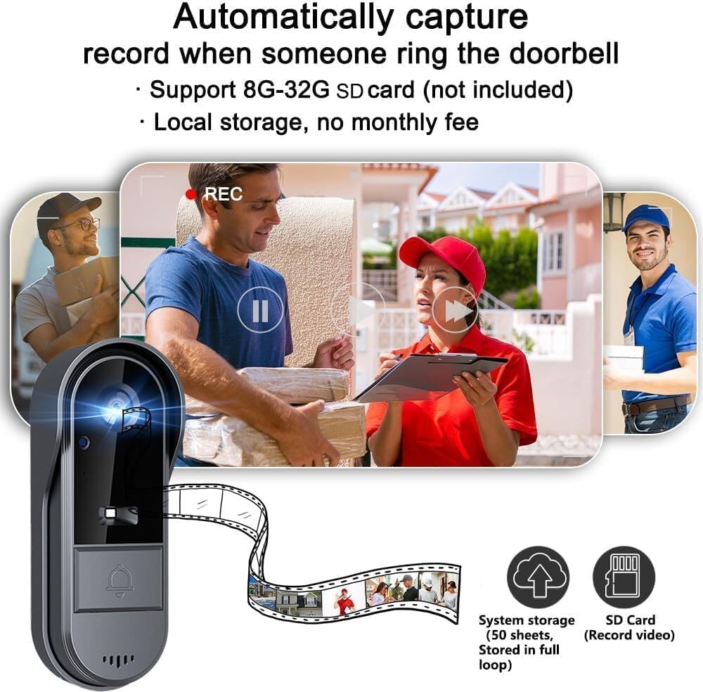 Sonnette Sans Fil Extérieure 1080P avec Caméra Écran IPS 4.3 Pouces Bluetooth Vision Nocturne Interphone Vidéo 120° Audio Bidirectionnel IP65