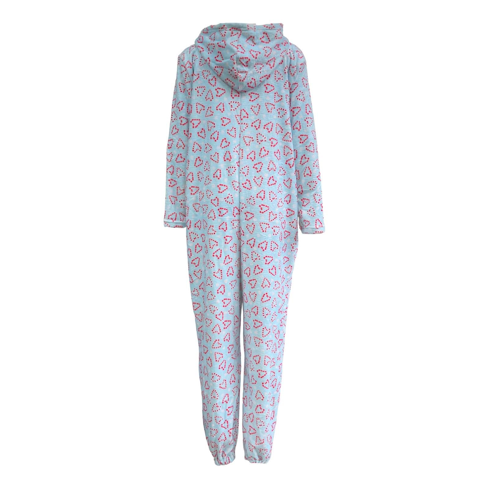 Generisch Pijama de franela para mujer, pijama de una pieza con estampado de corazón, manga larga, cuello en V, mono sexy y acogedor, grueso, térmico, de Navidad, ropa de salón