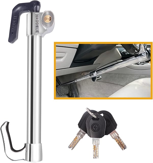 Tevlaphee Car Steering Wheel Lock Brake Pedal Clutch Lock Retractable Hook Universal Anti-Theft for Van Car SUV Lorry Truck Heavy Duty Car Auto Security with 3 Keys