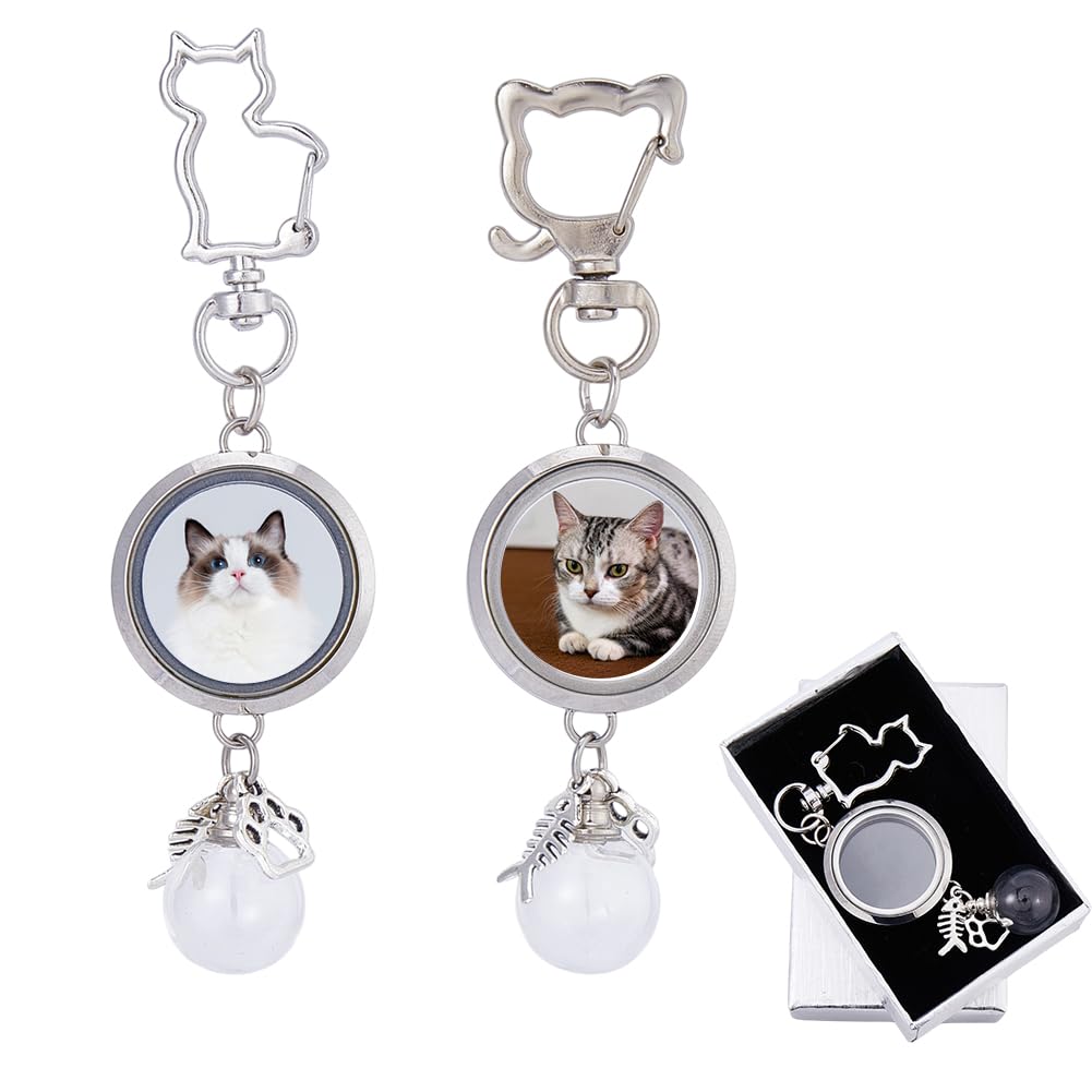 DELORIGIN 2PCS Cat Fur Keepsake Keychain Stainless Steel Pet Hair Memorial Keychain Locket with Glass Vial Paw & Fish Bone Charms Cat Hair Ashes Storage Pet Loss Sympathy Gift for Cats Lovers