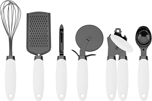 Country Kitchen Juego de 6 piezas de utensilios esenciales de cocina de acero inoxidable, pistola negra de metal con asas negras suaves al tacto