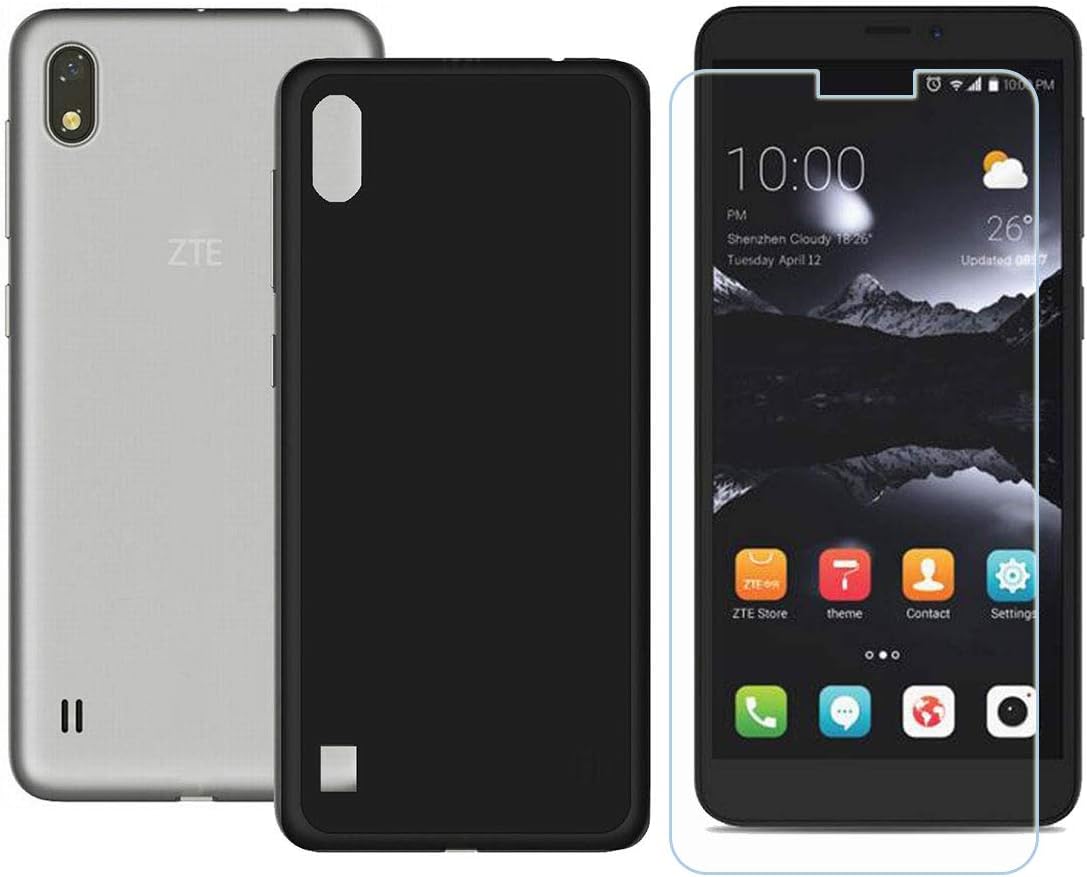 YZKJ Case for ZTE Blade A530 Cover + Screen Protector Tempered Glass Protective Film - Flexible Soft Gel Black TPU Silicone Protection Case for ZTE Blade A530 (5.45")
