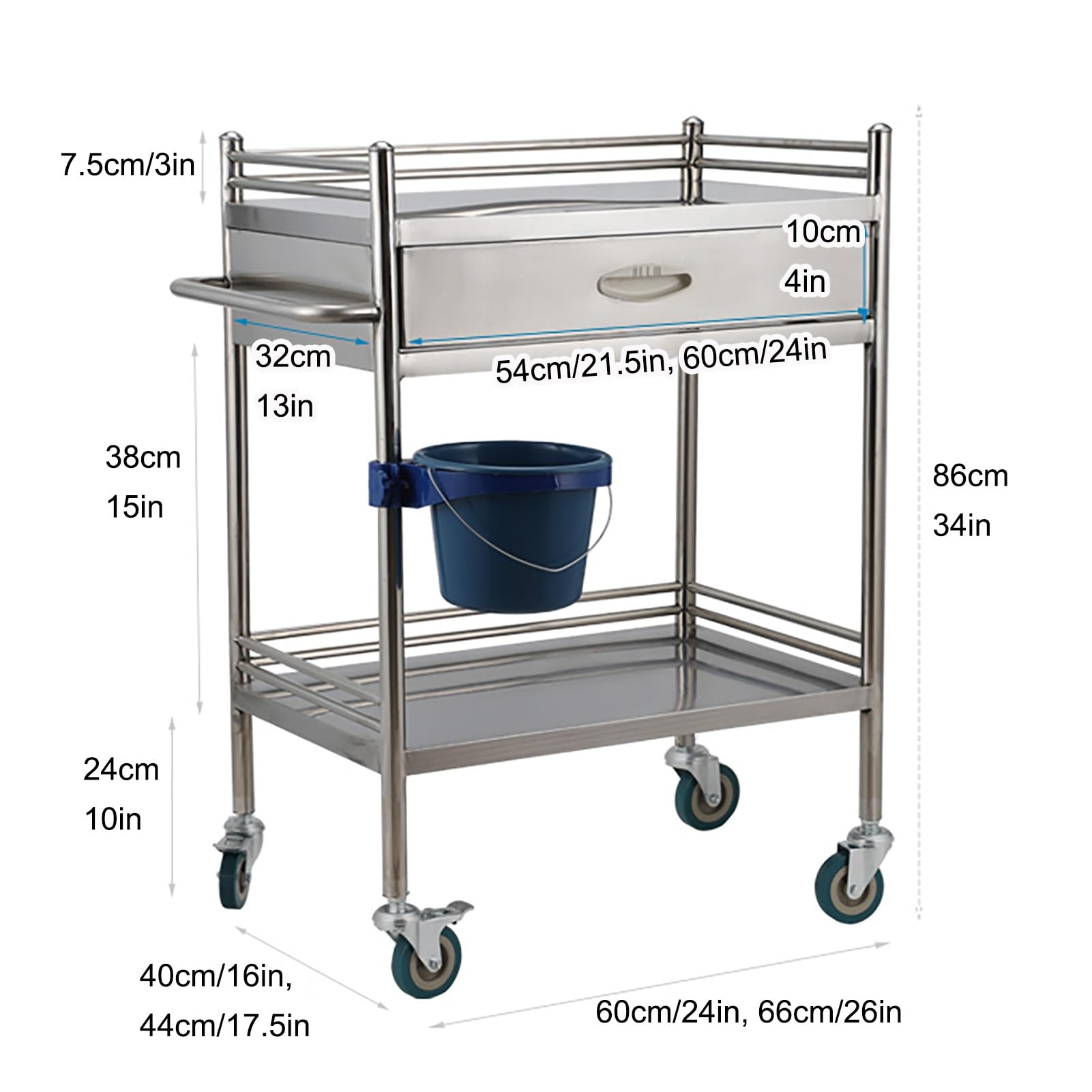 Carrello per tavoli da Lavoro in Acciaio Inossidabile con Ruote, Carrello in Acciaio Inossidabile a 2 Strati con Un cassetto, con Ruota piroettante, per Laboratorio, Ospedale, Studio Dentist