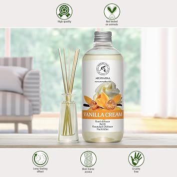 Reed Diffuser Refill Vanilla Cream 500ml - Calming & Long Lasting Home Fragrance - Air Diffuser - Floral & Exotic Scent - Aromatherapy - Home Decor - Air Freshener - Natural Fragrance