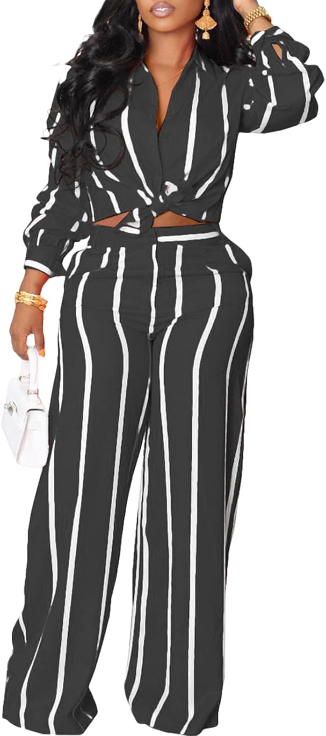Elainone Women's 2 Piece Outfits Stripe Long Sleeve Button Down Shirt Wide Leg Long Pants with Pockets