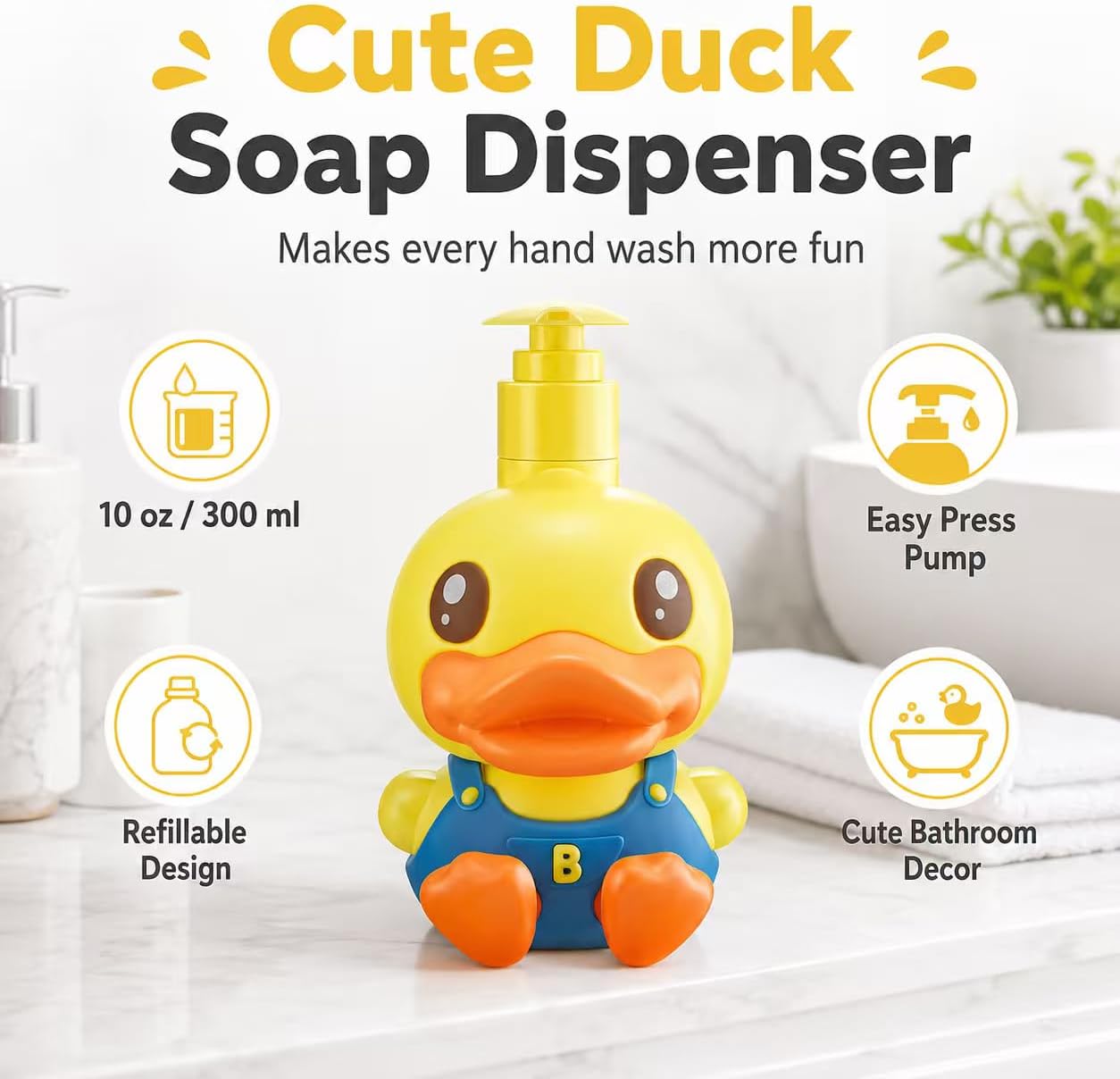 Super Cute 3D Soap Dispenser for Bathroom Toilet Kitchen Dish Soap Shampoo Lotion Hand Sanitizer Shower Cartoon Animal Duck Birthday Gift Empty Refillable Pump Bottle Yellow Blue