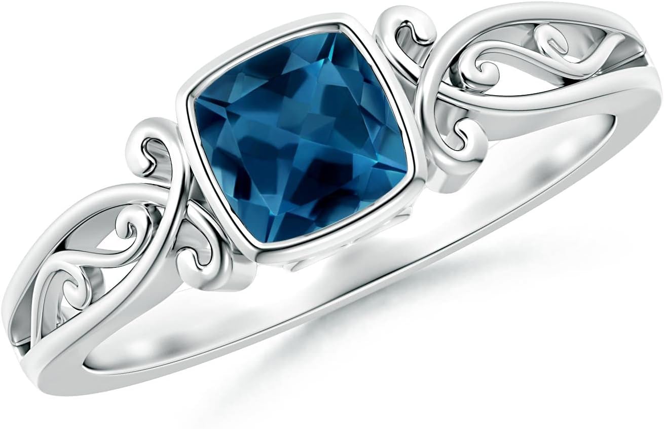 Angara Natural London Blue Topaz Solitaire Ring for Women | Cushion-Cut Blue Topaz Solitaire Ring in 14K Solid Gold/Platinum | December Birthday, Gemstone Jewellery Gift