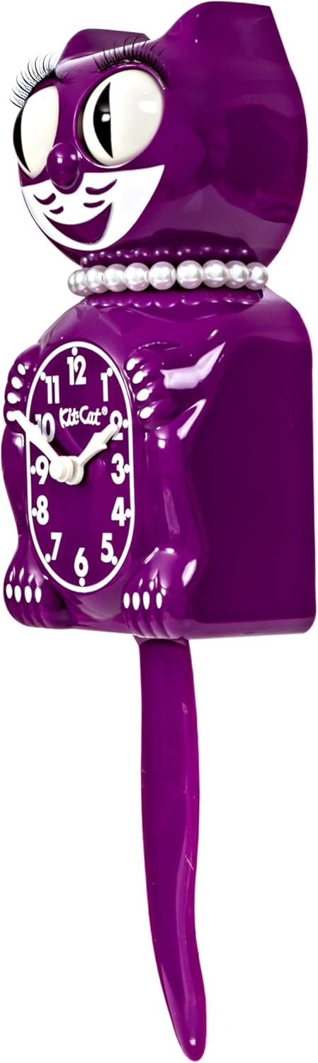 Kit-Cat Klock Limited Edition Boysenberry Lady with Pearl Necklace & Eyelashes - Cat Clock with Moving Eyes and Tail Wall Clock, Made in USA