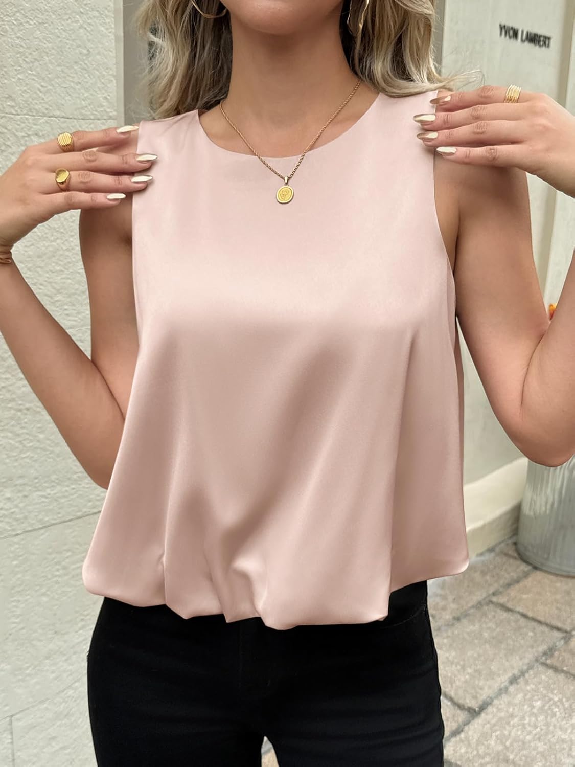 Cicy Bell Womens Bubble Hem Silk Satin Cropped Tank Tops Summer Dressy Casual Sleeveless Shirts Crewneck Loose Fit Blouses - Image 5