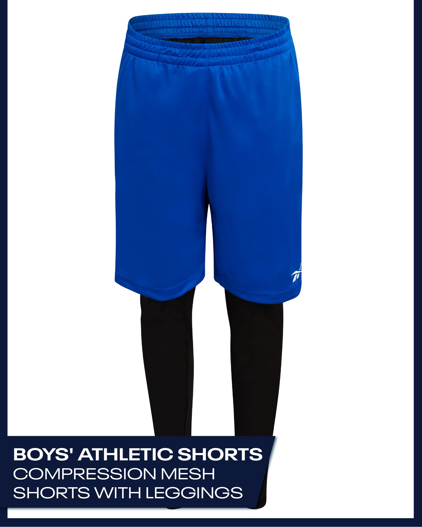 Reebok Boys Basketball Shorts - 2 Pack 2-in-1 Boys Athletic Shorts for Running with Compression Leggings Pockets & Drawstring, Size 8, Black/Bright Cobalt