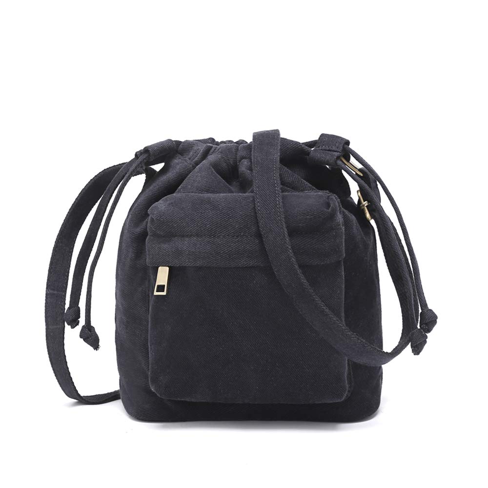 Bolsos cruzados para mujer, bolso pequeño de lona con cordón, lindo bolso bohemio, Negro -