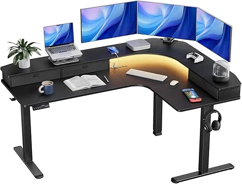 HUANUO 65″ L-Shaped Standing Desk with Power Outlets & LED