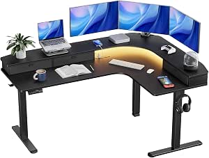 HUANUO 65″ L-Shaped Standing Desk with Power Outlets & LED Strip, Electric Height Adjustable Corner Computer Desk, Sit-Stand Up Desk with 3 Drawers, Black
