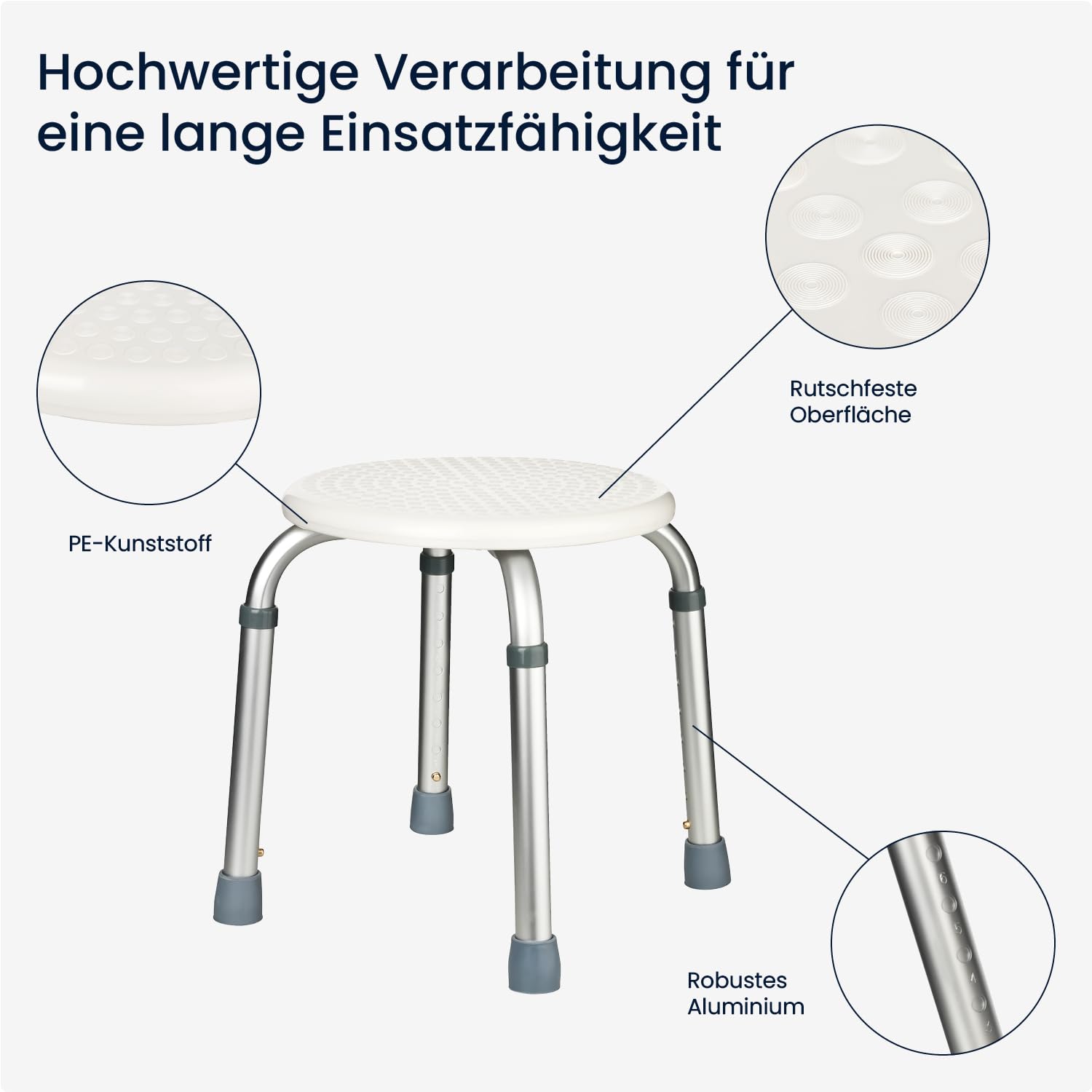 flexilife Duschhocker rund für Senioren, Duschsitz eckig höhenverstellbar, Bad Hocker weiß - Badezimmer Stuhl- Badhocker für die Dusche (rund)