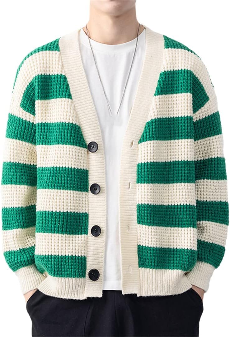 Cardigan rayé homme col en V vert 3XL gilet tricoté anti-froid