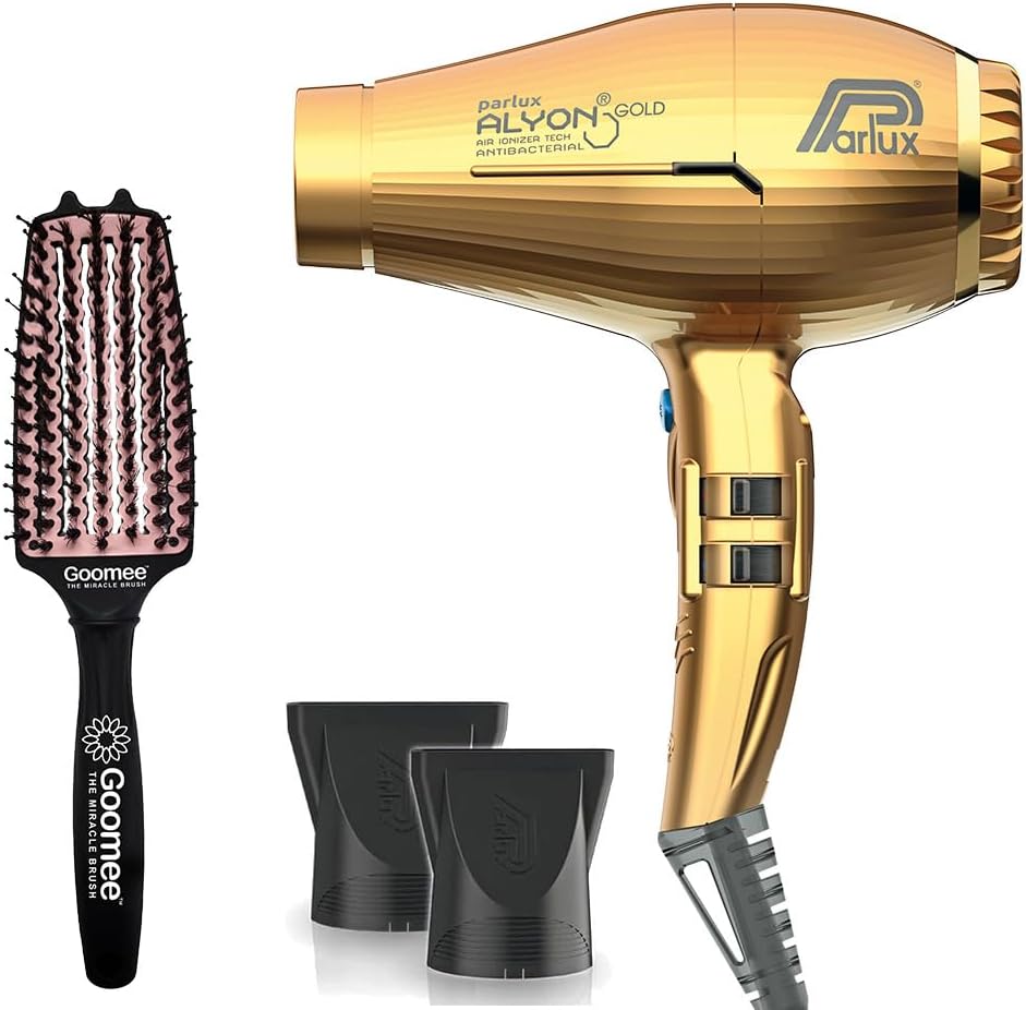 Parlux Alyon Gold Hair Dryer with Miracle Detangling Brush Medium Size Nylon & Boar Bristles for All Hair Types – Blush Pink