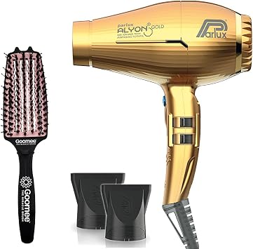 Parlux Alyon Gold Hair Dryer with Miracle Detangling Brush Medium Size Nylon & Boar Bristles for All Hair Types Blush Pink