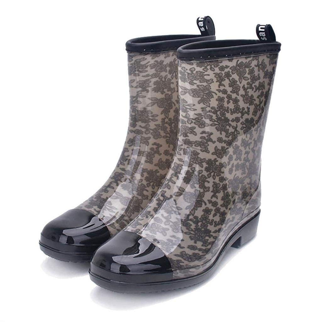 Women's Rain Boots Rubber Printed Waterproof with Non Slip Sole Garden Fashion Rain Shoes Boot Grey PVC Size US8.5 EU39