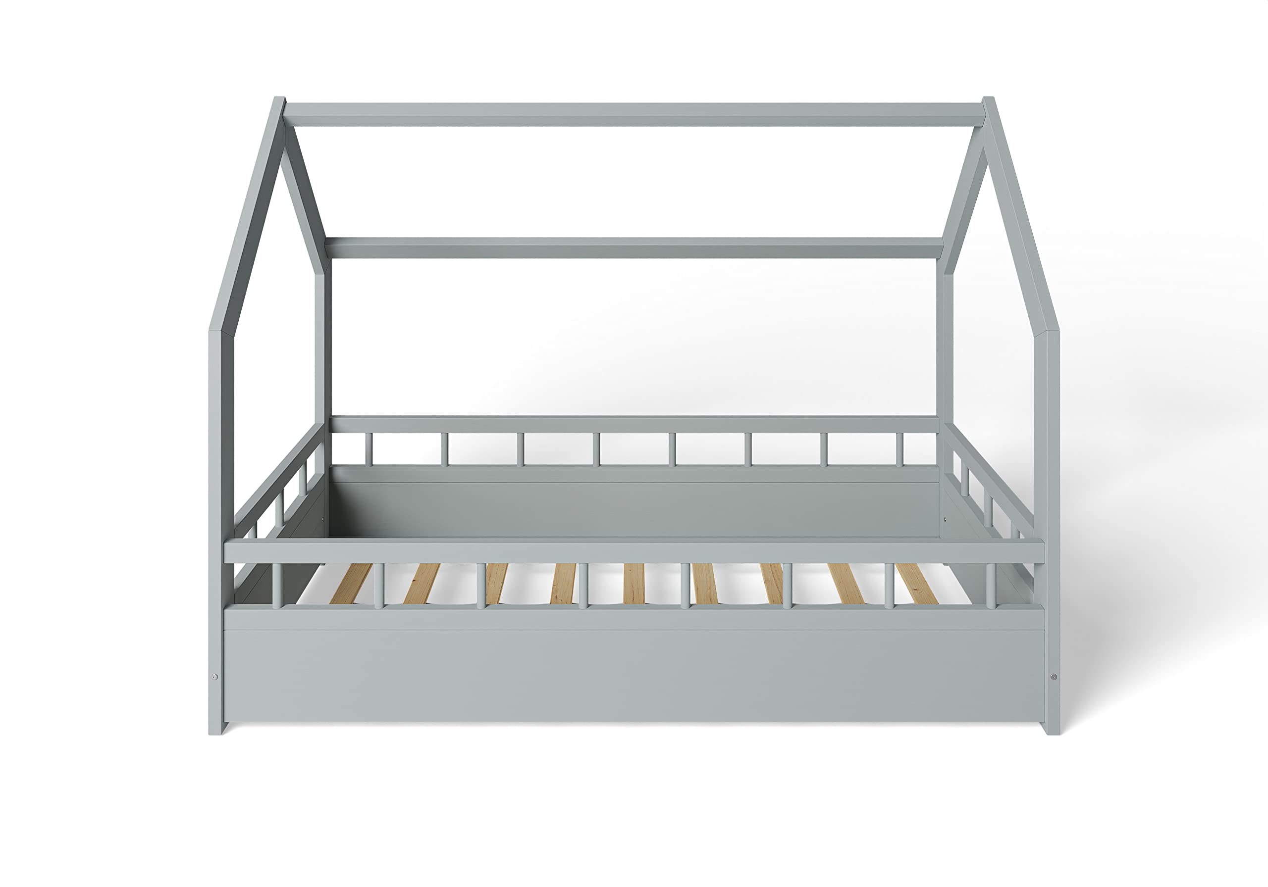 Lit Enfant Bébé Maison 80x160 cm en Massif Cabane avec Protection Anti-retombée Barrière Sécurité Gris