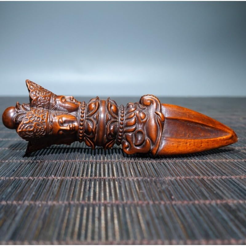 Miniatura 2 de LimpaC Colección de madera de boj de tres lados Buda Phurba Dagger Holder Estatuas hechas a mano meditando escultura estatuilla decorativa Lucky
