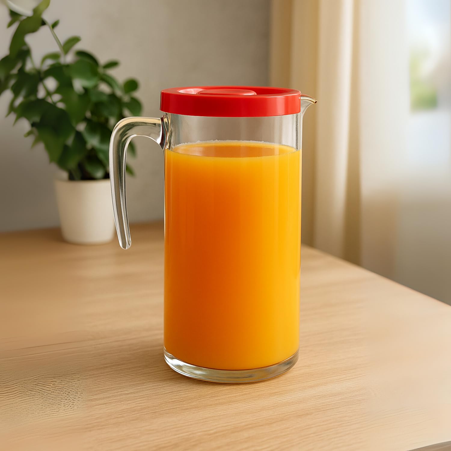 PALUPLUS 12 Caraffe da Tavola in Vetro con Coperchi Rossi da 1 Litro, Misura 10x20 cm, Brocca trasparente con Manico e Beccucio Antigoccia, per acqua, bevande, Lavabile in lavastoviglie -5012F -10,2