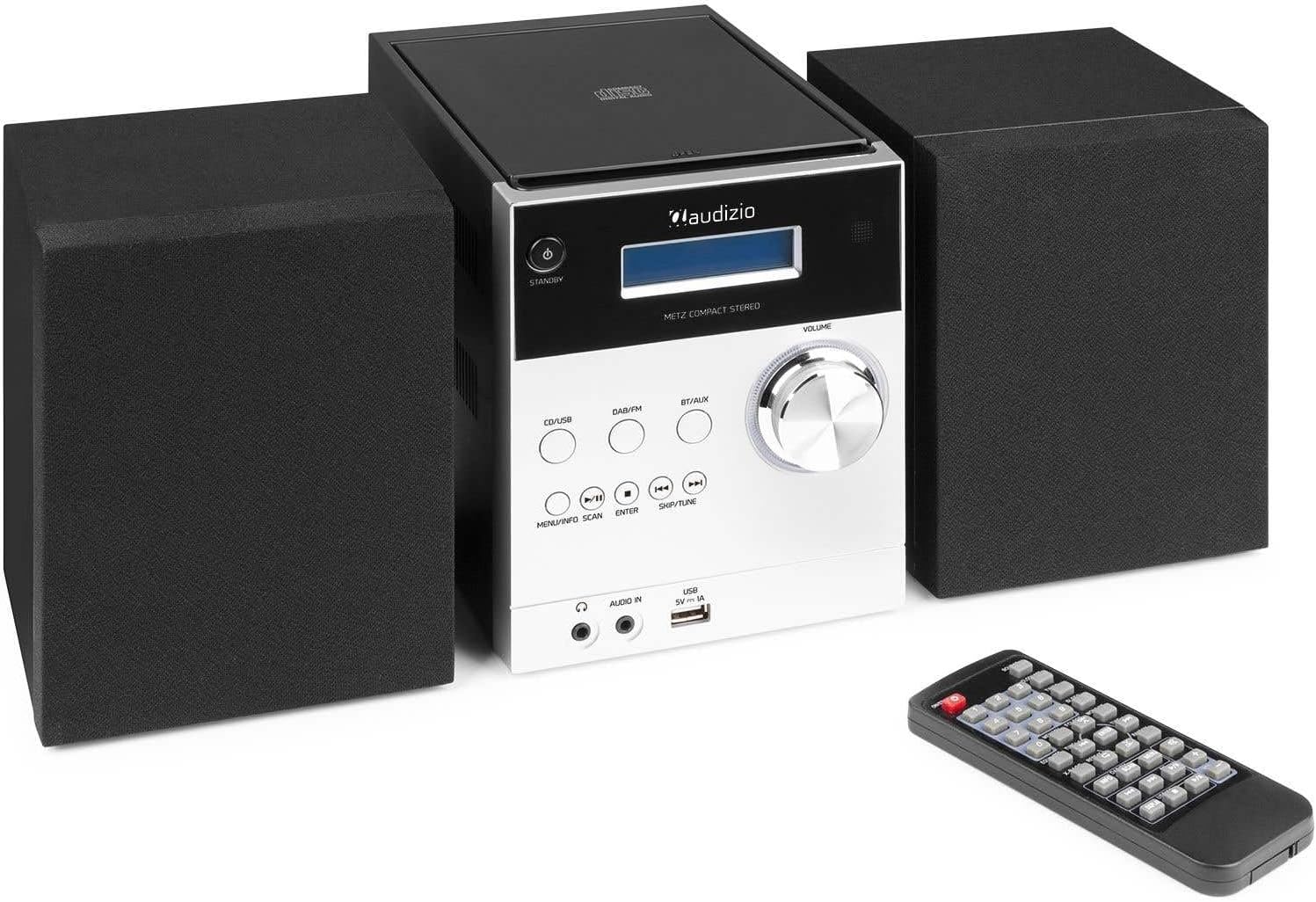 Audizio Metz Stereo System with its remote control placed in front