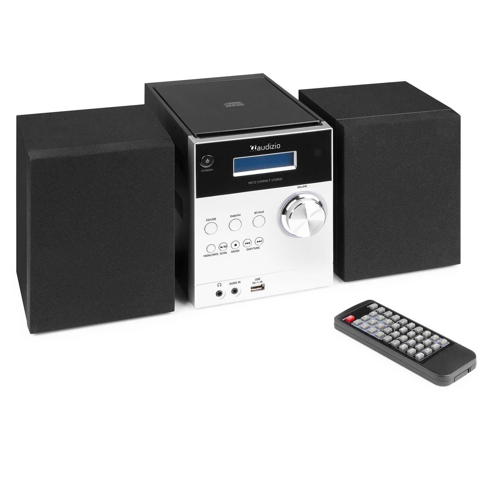 Audizio Metz - Radio Système HiFi Dab+ et Lecteur CD avec Bluetooth - Aluminium, Écran LCD, Lecteur MP3, Radio FM, Télécommande Incluse, Idéale pour Écouter Vos Stations et Musiques Préférées