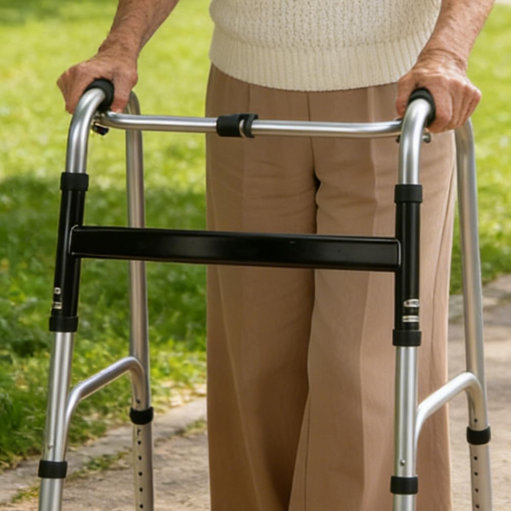 Deambulatore per anziani, leggero telaio con cerniere e 4 piedini in gomma, pieghevole, regolabile in altezza, senza ruote, pieghevole in alluminio, antiscivolo, stabile