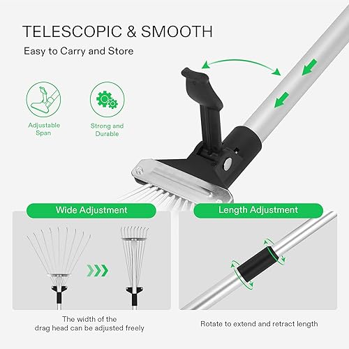 Miniatura 7 de VIVOSUN Juego de rastrillo de hojas de 2 piezas, rastrillo ajustable para jardíncamping con 159 dientes, dientes colapsados y mango telescópico (64
