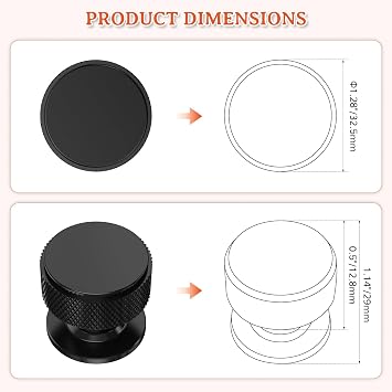 FURNIWARE Pack of 10 Knurled Cabinet Knobs, Matt Black Cabinet Knobs, Solid Cupboard Handles with 2 Sizes Screws, Round Single Hole for Kitchen, Dresser, Wardrobe, Chest of Drawers, Furniture