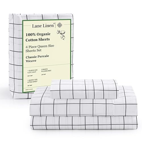 Lane Linen 100% Organic Cotton Queen Sheet Set, 4-Piece Percale Bed Sheets for Queen Bed - Soft and Breathable Deep Pocket Fits Mattress Up to 15" Deep, Hotel Quality Sheets - Charcoal Windowpane - Queen - 23: Windowpane - Charcoal