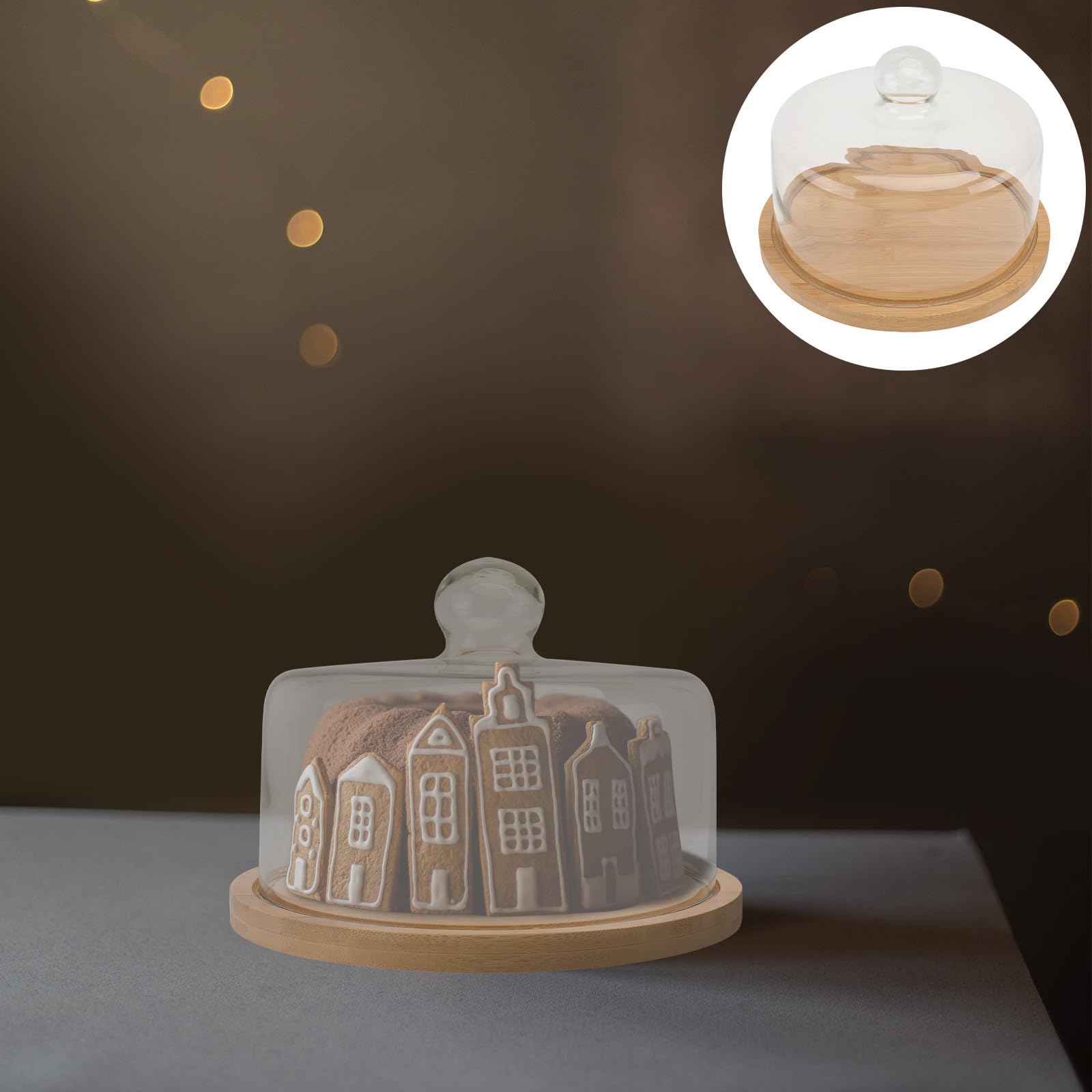 Zerodeko Set per Dolci Vassoio Girevole in Bamboo e Coperchio in Vetro Trasparente, per Mantenere Puliti Snack e Pasticceria in Occasione di Housewarming