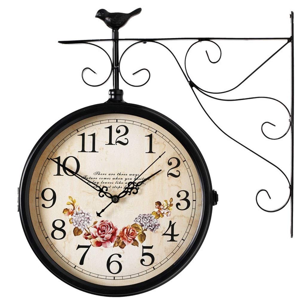 MYUYEE Wall Clocks Black 360 Degree Rotating Antique Decorative Clock Double Sided Iron Metal Mute Quartz Silent Non-Ticking Decoration,B (B)