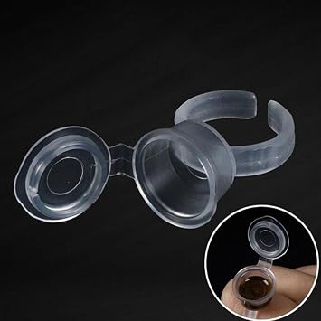 50pcs Makeup Pigment Ink Glue Cup Tattoo Finger Plastic Nail Art Tattoo Rings Holder Container with Cover Lid Eyebrow Refill Color Eyelash Cap Hand Tool + Storage Box