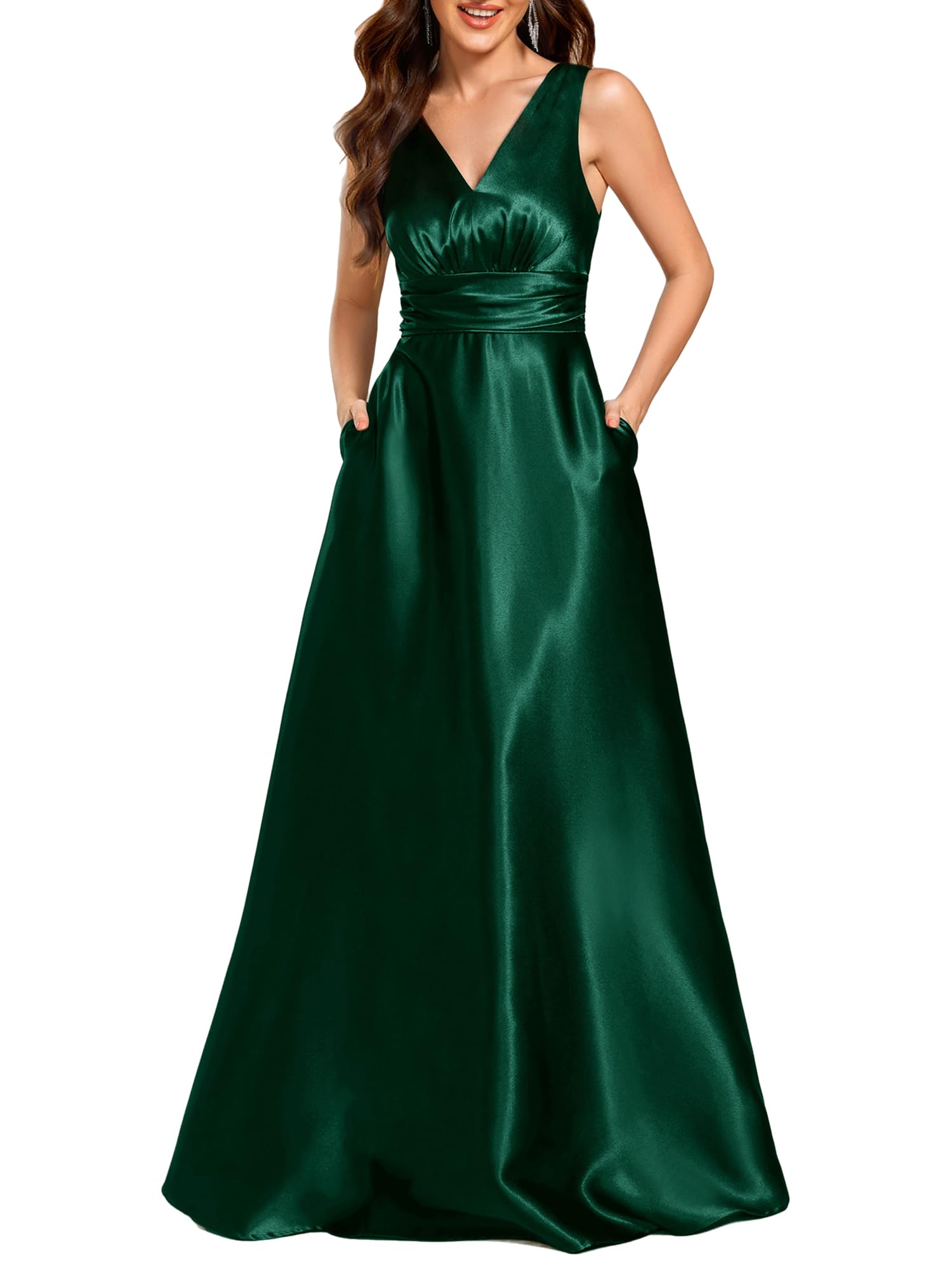 Ever-Pretty Vestido Dama de Honor Largo Elegante con Bolsillos Satín Cuello en V Vestido de Noche Sin Mangas ES02326