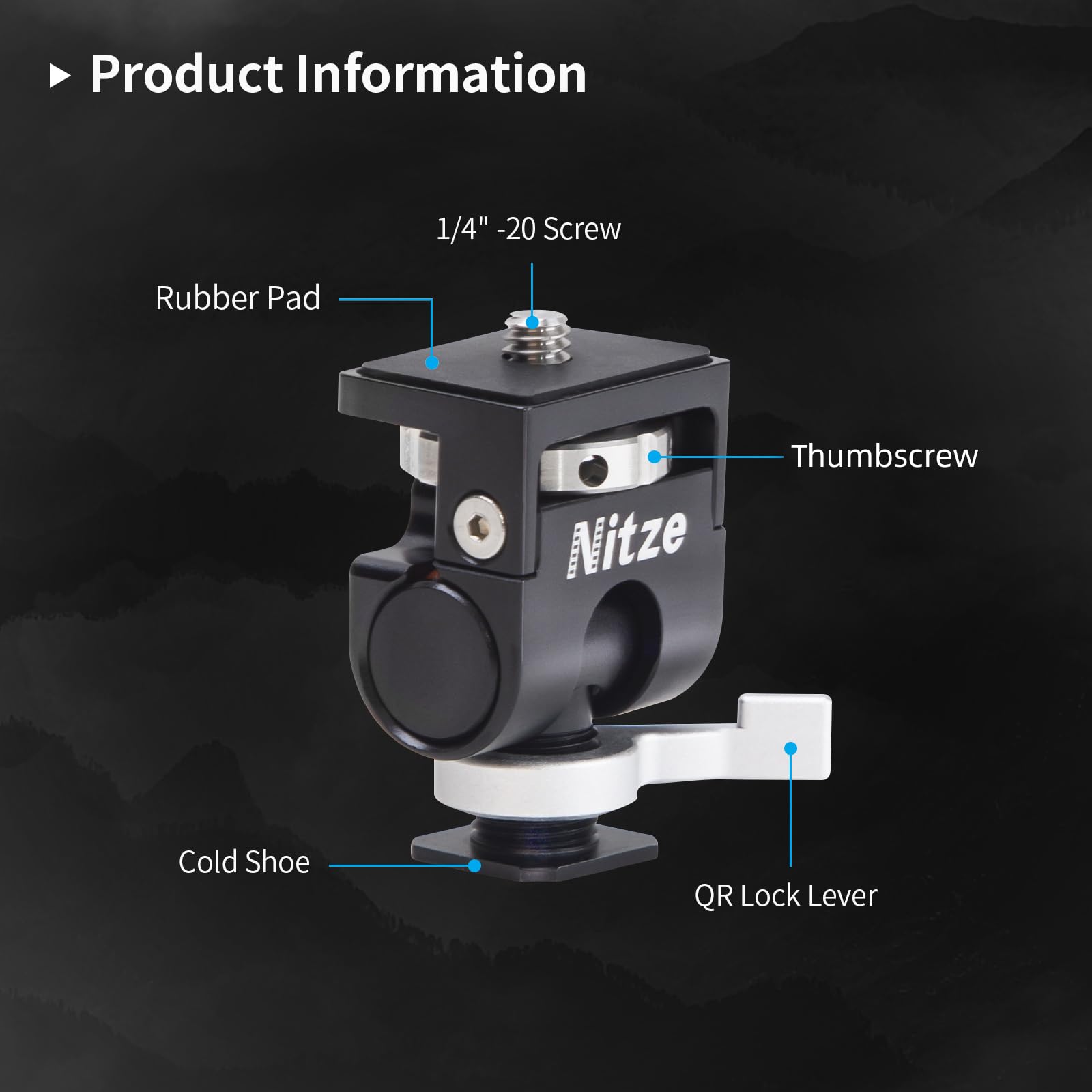 Nitze Camera Monitor Mount with QR Cold Shoe, with 1/4" Screw, Supports 360° Rotation and 180° Tilt - Image 2
