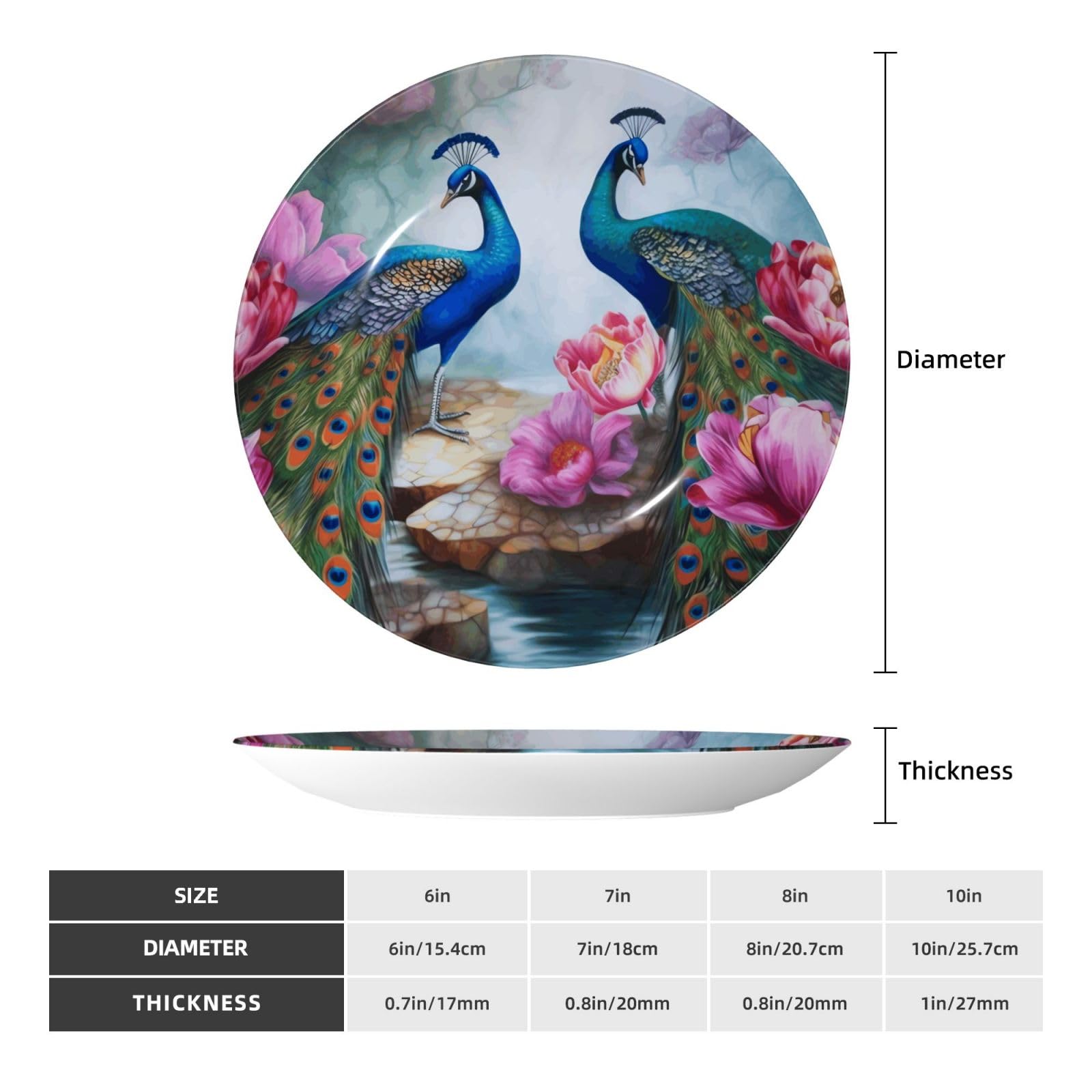 Magnifique assiette décorative en porcelaine anglaise avec image de paons et de lotus - Assiettes à dîner personnalisées en porcelaine avec support de présentation - Assiette décorative en